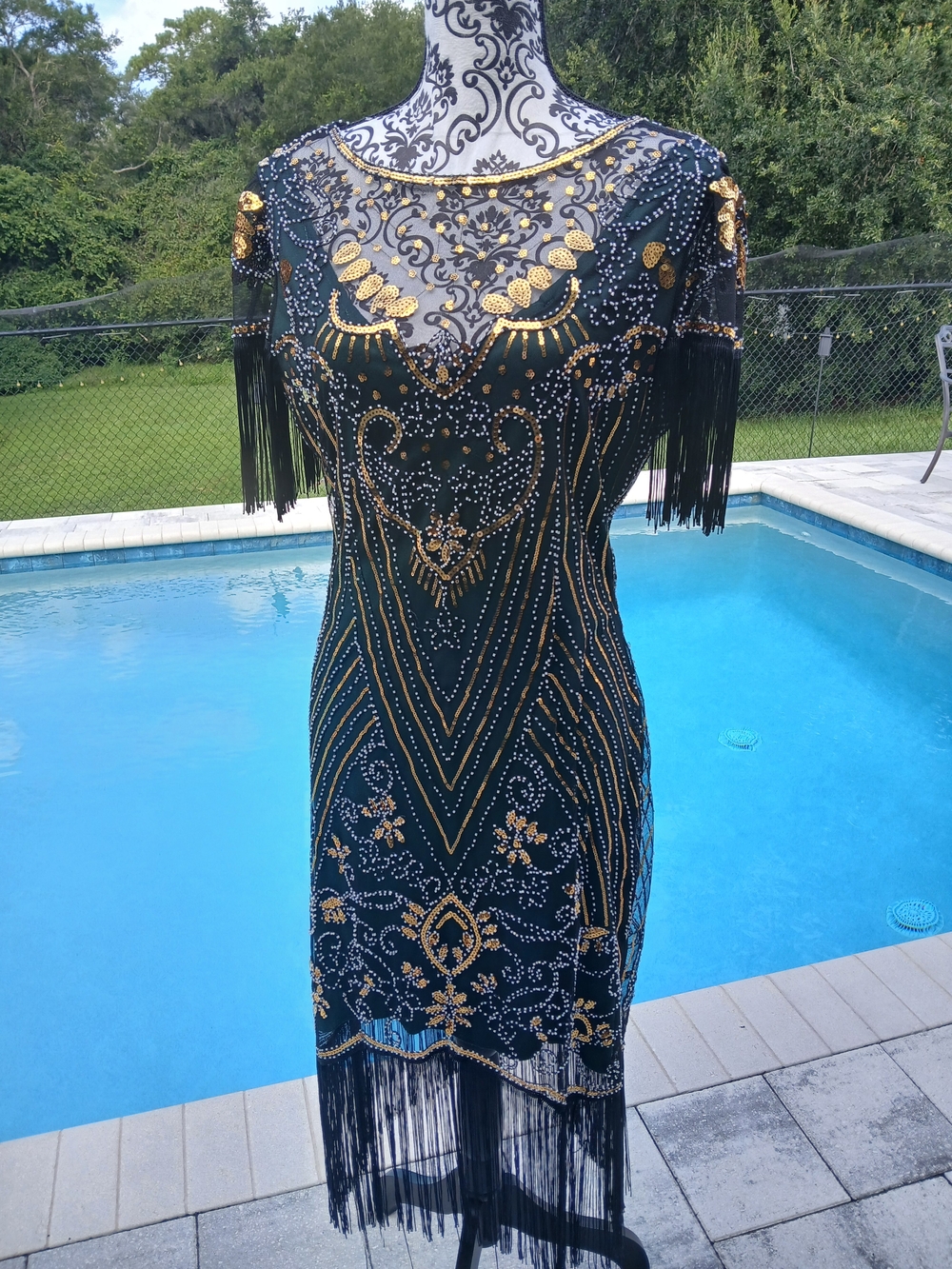 Embellished Fringe Flapper Dress in Dark Green, Black and Gold